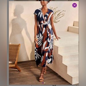 Boden Navy Tropical Flora Eleanor Midi Wrap Dress